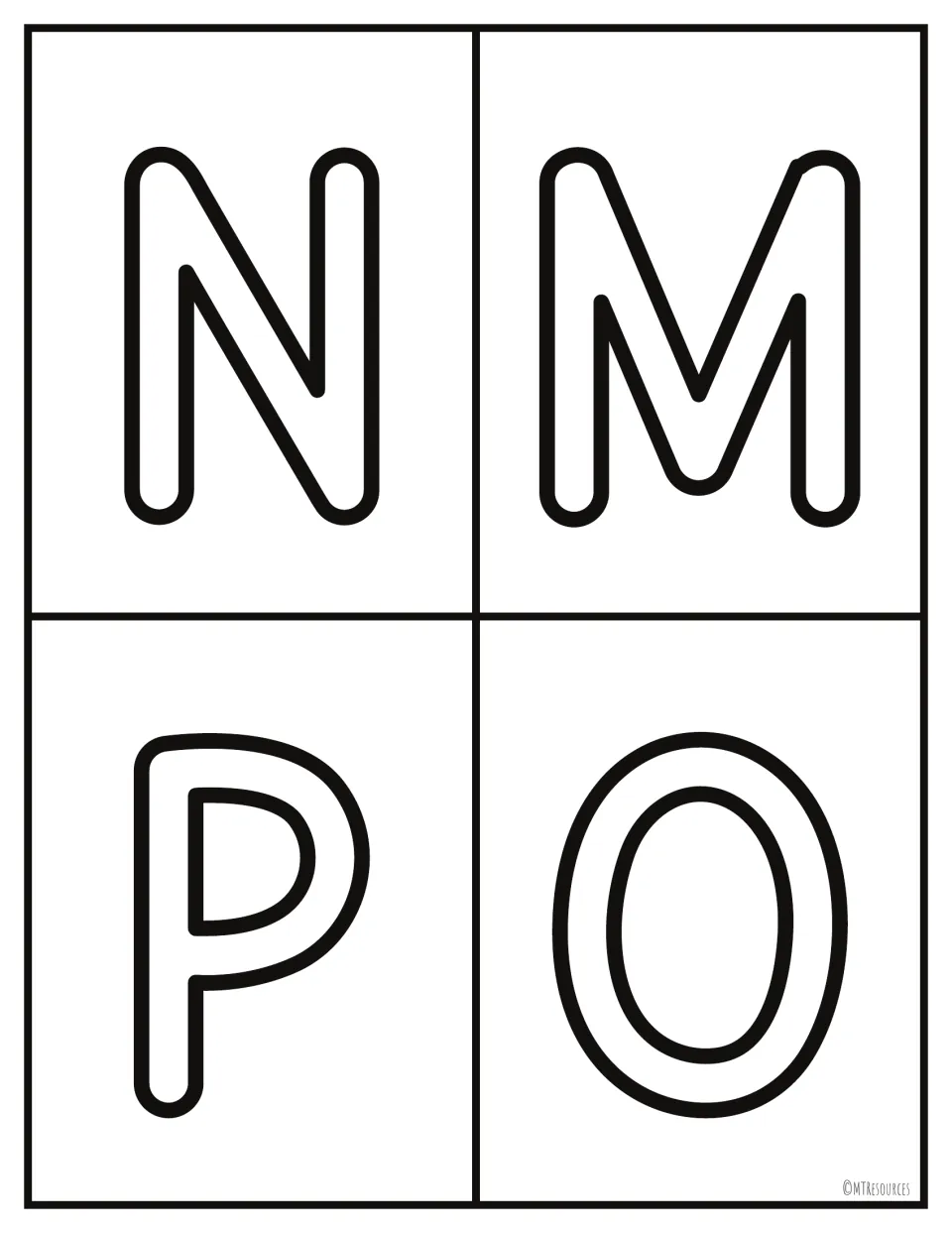 Uppercase letters M to P shown again in swapped order N, M, P, O as outline cards, pairing look-alike M and N side by side