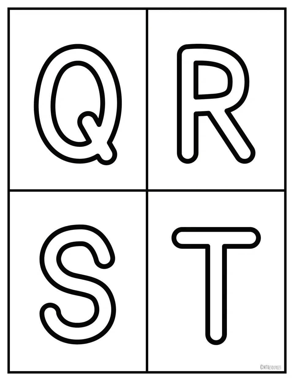 Uppercase letter flashcards Q, R, S and T in bold outline print for identifying and naming each capital letter