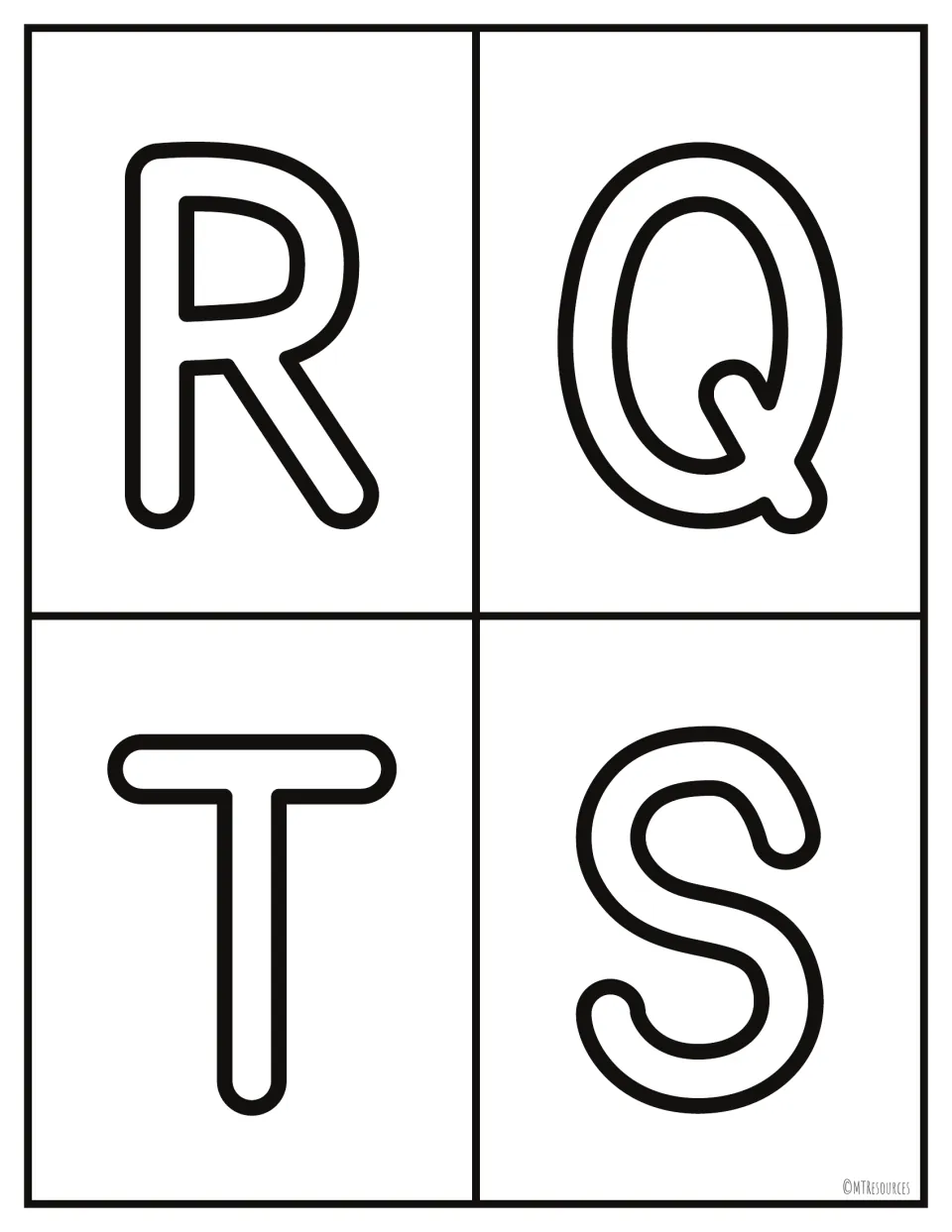 Uppercase letters Q to T repeated in swapped order R, Q, T, S as outline cards for out-of-order letter recognition