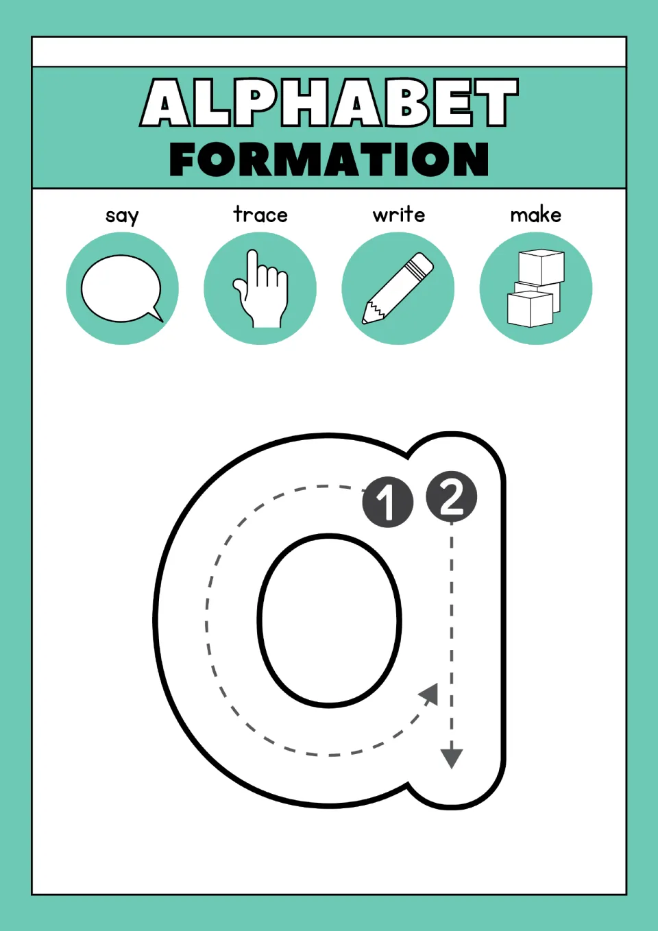 Alphabet formation, letter a: students say, trace, write and make lowercase a, following numbered strokes 1 and 2