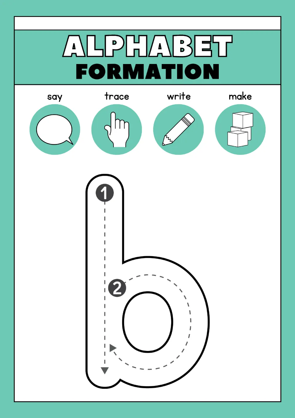 Letter b formation: students trace a tall line down from 1, then the round curve from 2, and say, write and make b