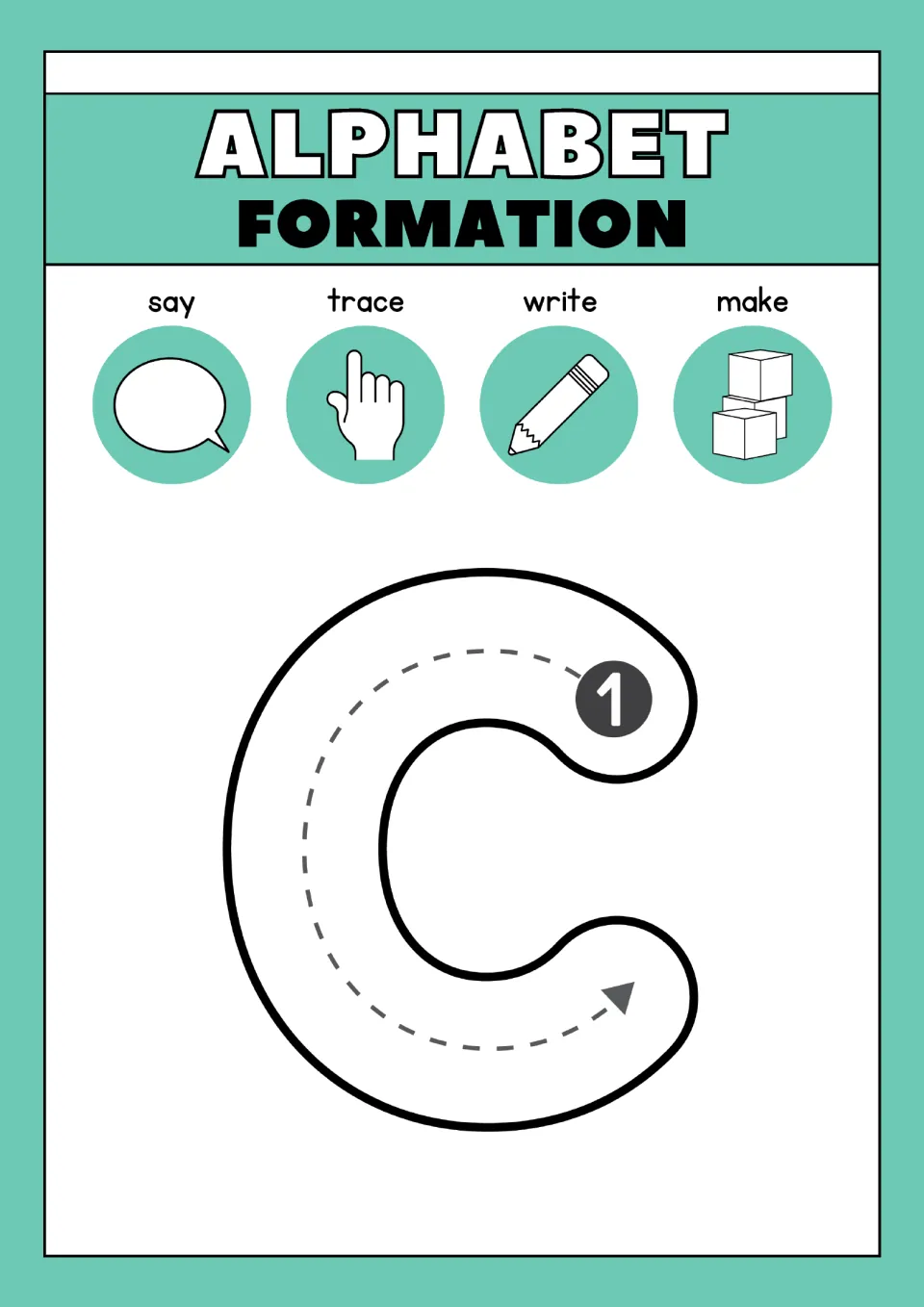 Letter c formation: students trace lowercase c in one curved stroke from the top, then say, write and build it