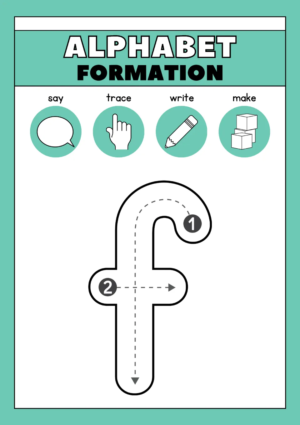 Letter f formation: students trace the hook and line down at 1, then the crossbar at 2, to form lowercase f