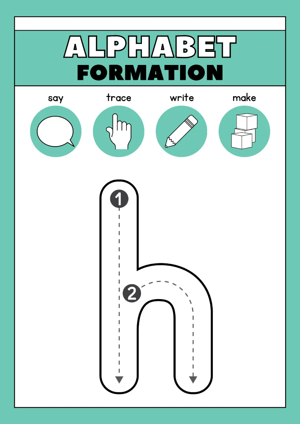 Letter h formation: students trace a tall line down at 1, then the hump and line down at 2, to write lowercase h