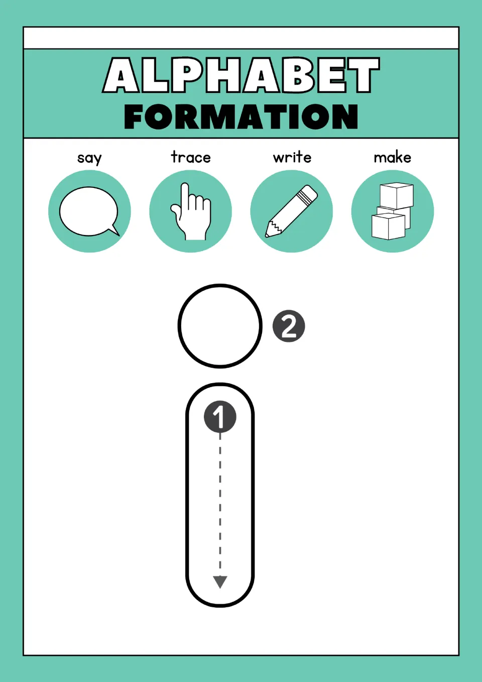 Letter i formation: students trace a short line down at 1, then add the dot at 2, and say, write and make lowercase i