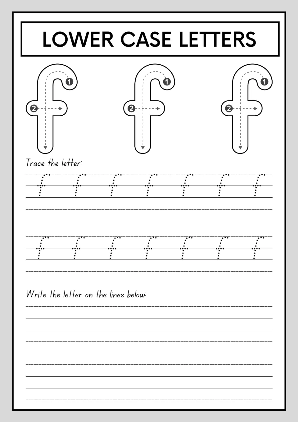 Lowercase f formation: arrows show the hooked downstroke and then the crossbar, and students trace dotted f's and write f