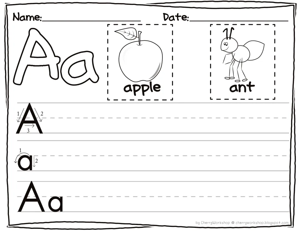 Letter Aa handwriting: students follow numbered stroke arrows to write A, a and Aa, with apple and ant picture cues