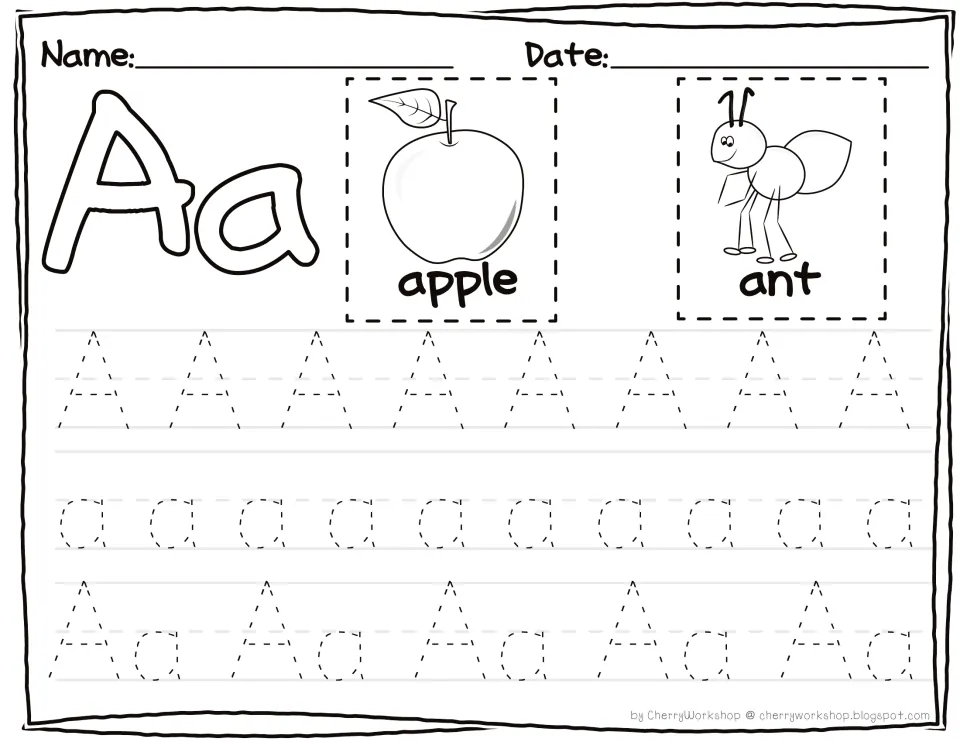 Letter Aa tracing: students trace dotted uppercase A, lowercase a and paired Aa letters beside apple and ant pictures