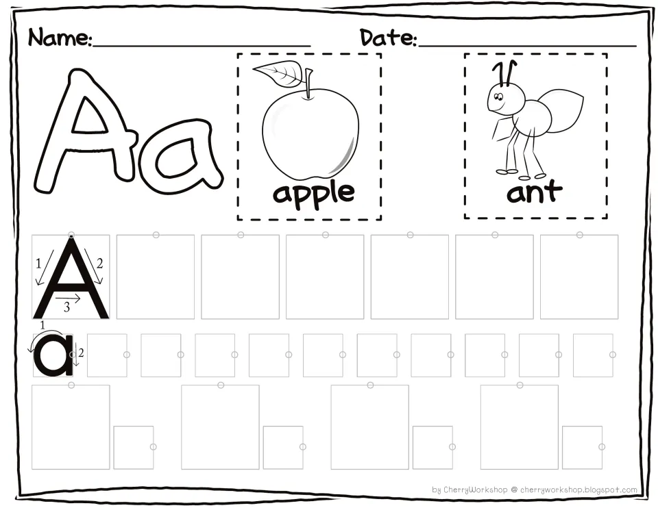 Letter Aa letter-sizing: students copy A, a and Aa in sized spaces, starting at each dot, beside apple and ant pictures