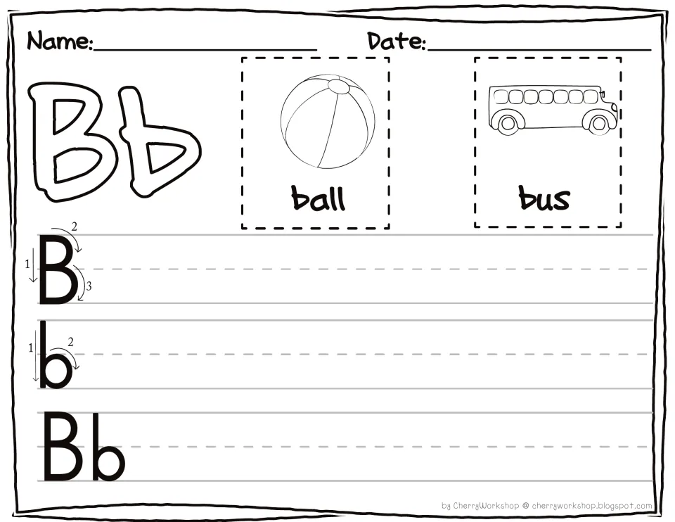 Letter Bb handwriting: students follow numbered stroke arrows to write B, b and Bb, with ball and bus picture cues