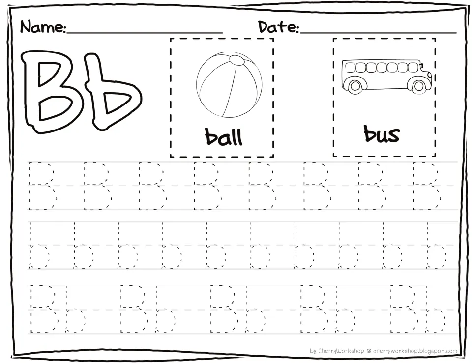 Letter Bb tracing: students trace dotted uppercase B, lowercase b and paired Bb letters beside ball and bus pictures