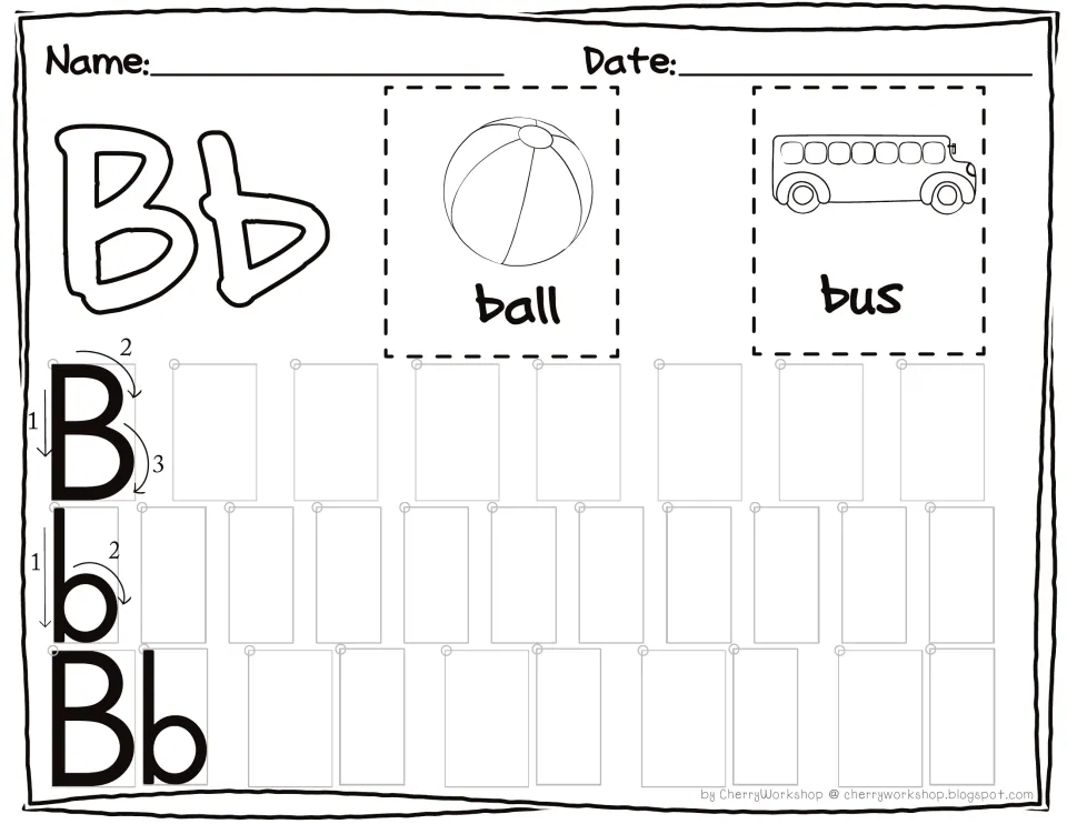 Letter Bb letter-sizing: students copy B, b and Bb in sized spaces, starting at each dot, beside ball and bus pictures