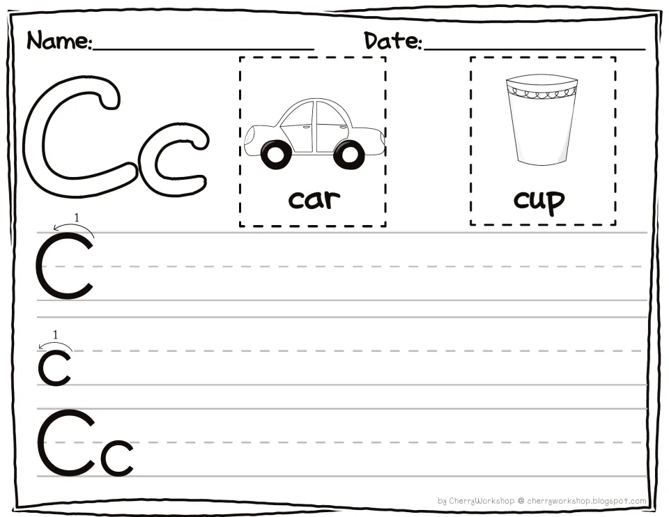 Letter Cc handwriting: students follow the stroke arrow to write C, c and Cc, with car and cup picture cues