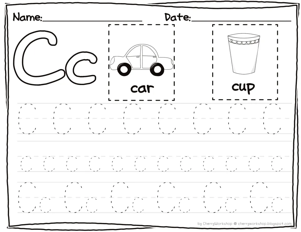 Letter Cc tracing: students trace dotted uppercase C, lowercase c and paired Cc letters beside car and cup pictures