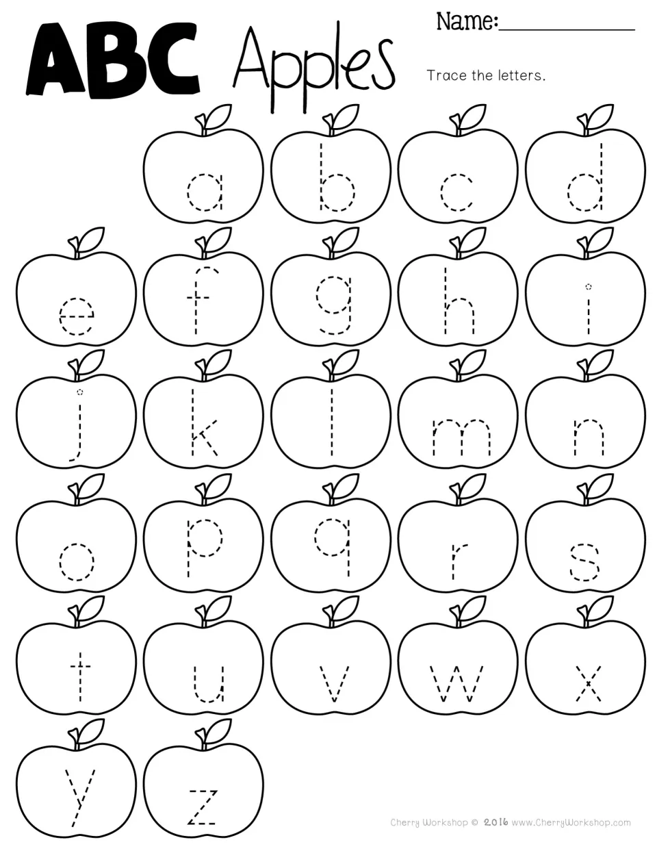 ABC Apples lowercase letters: students trace dotted a to z, one letter inside each of 26 apples, for handwriting practice