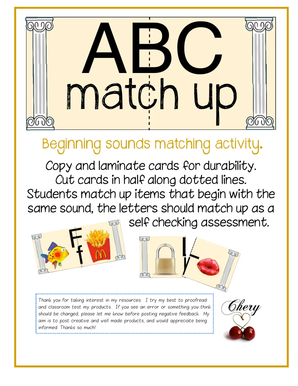 ABC Match Up cover: directions to laminate and cut cards in half, with sample F and L cards showing fish, fries, lock, lips