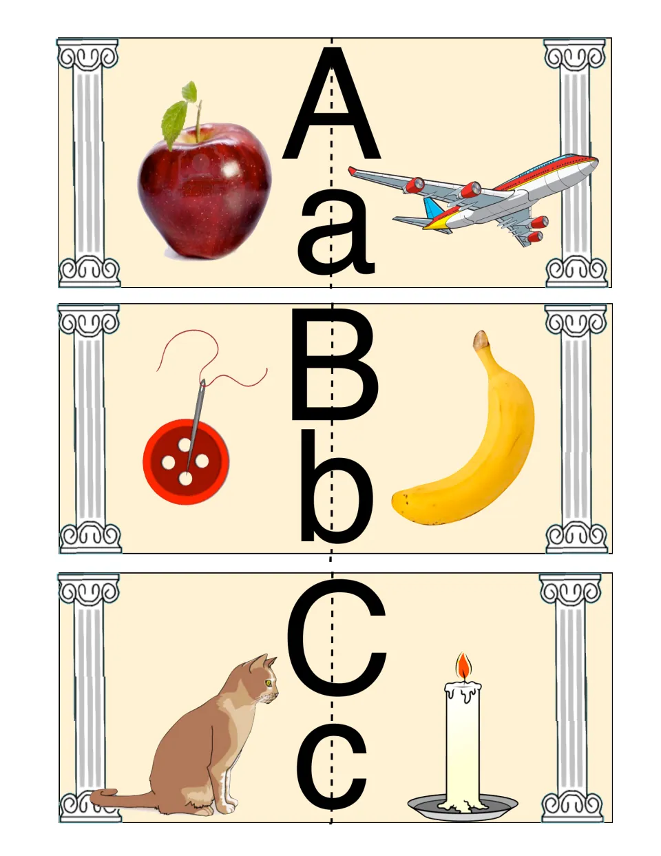A to C cards: students match halves by beginning sound, pairing apple with airplane, button with banana, cat with candle