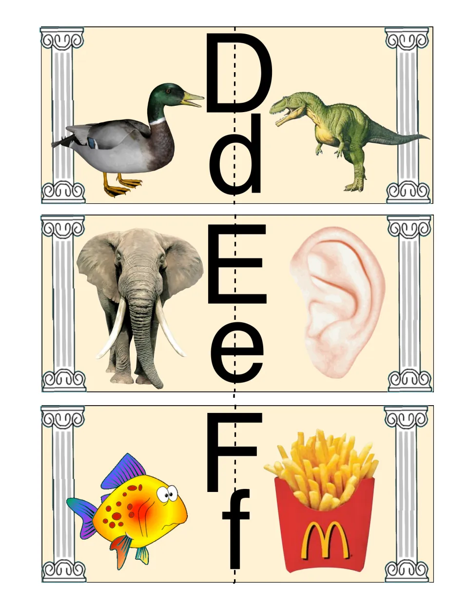 D to F cards: students join halves by first sound, pairing duck with dinosaur, elephant with ear, fish with fries