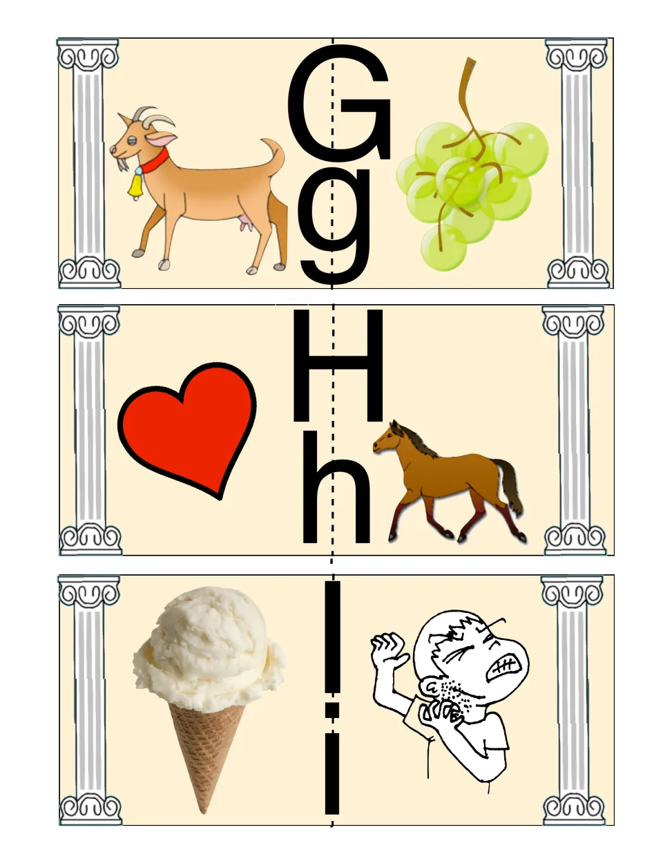 G to I cards: students match initial sounds, pairing goat with grapes, heart with horse, ice cream with an itchy boy