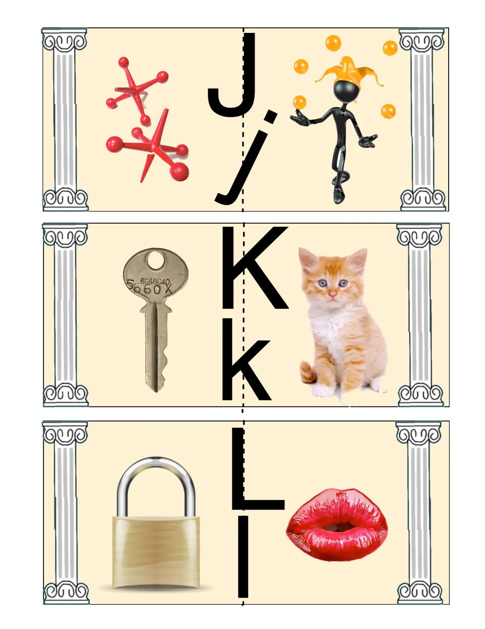 J to L cards: students pair pictures by first sound, matching jacks with juggler, key with kitten, lock with lips