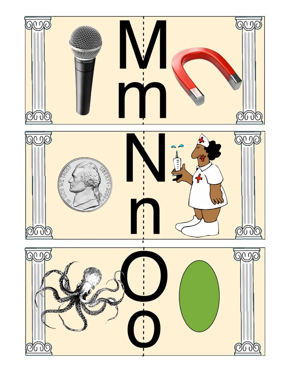 M to O cards: students match beginning sounds, pairing microphone with magnet, nickel with nurse, octopus with green oval