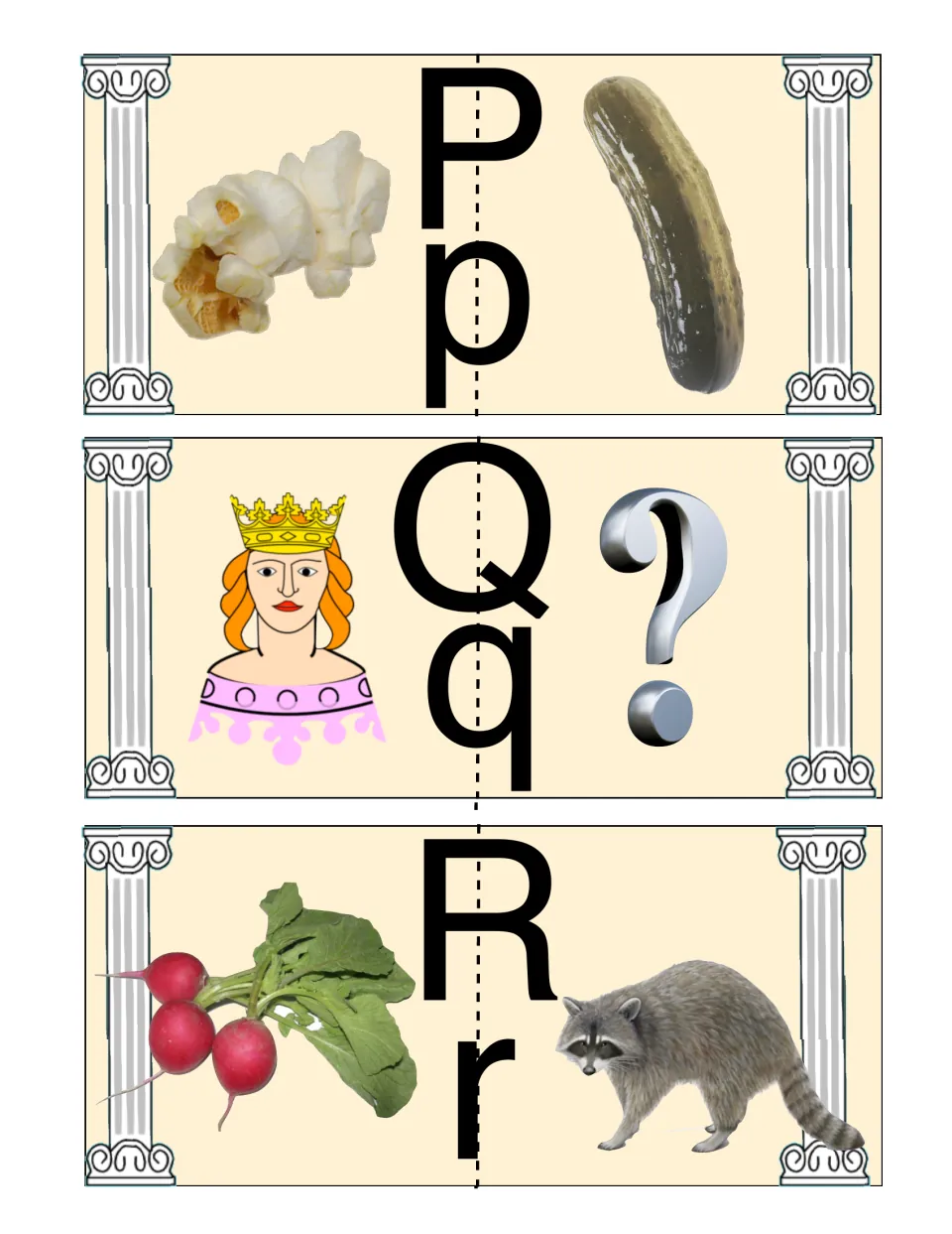 P to R cards: students link initial sounds, pairing popcorn with pickle, queen with question mark, radish with raccoon