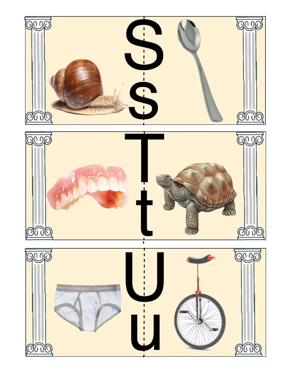 S to U cards: students match first sounds, pairing snail with spoon, teeth with tortoise, underwear with unicycle