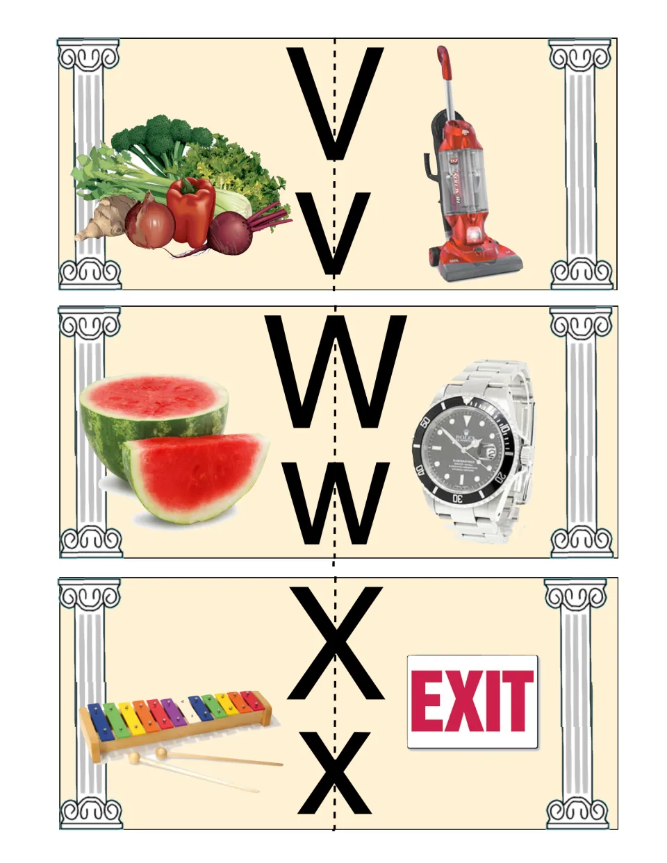 V to X cards: students pair by sound, matching vegetables with vacuum, watermelon with watch, xylophone with exit sign
