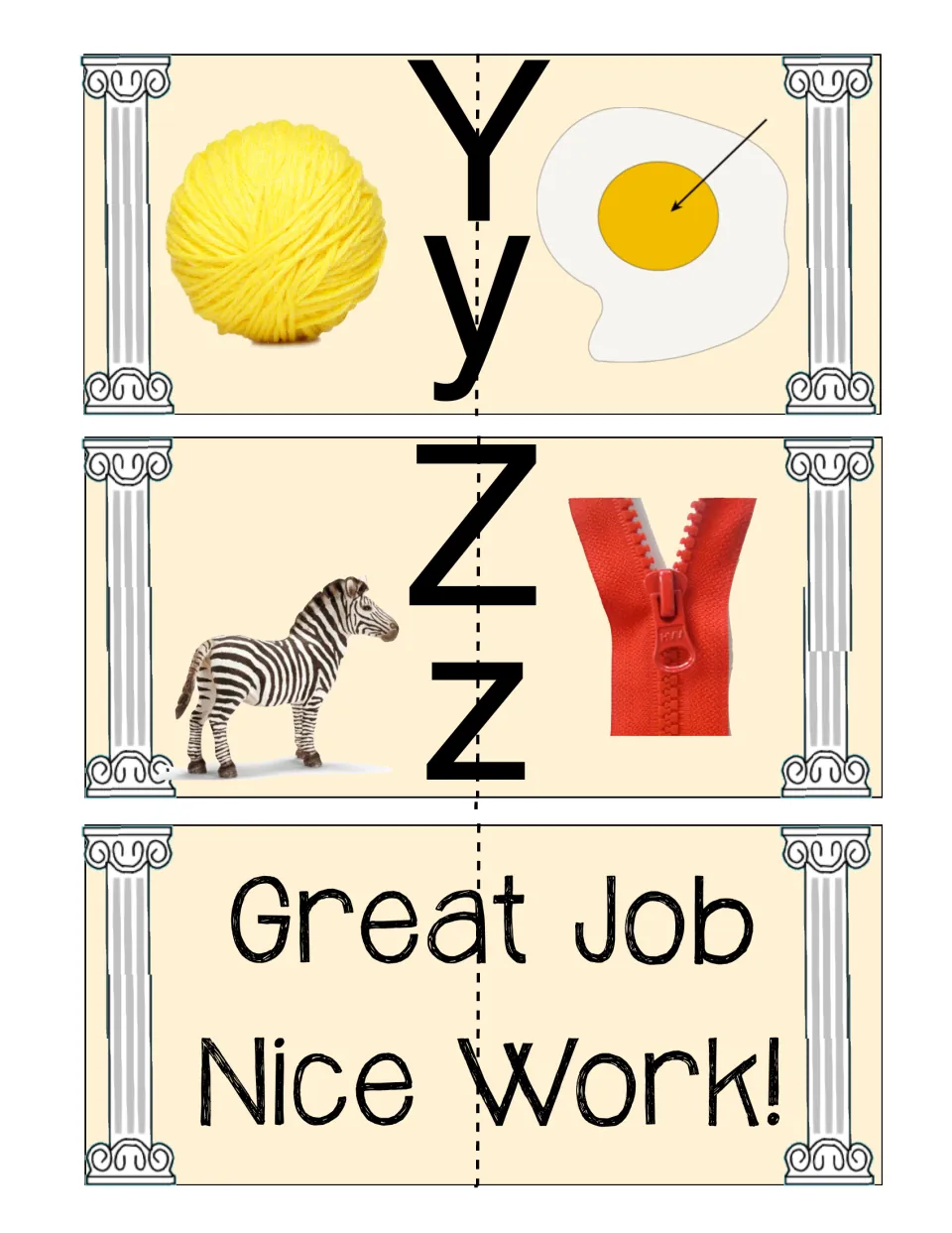 Y and Z cards: students match yarn with yolk and zebra with zipper, followed by a split card reading Great Job Nice Work!