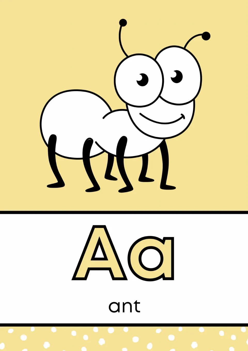 Letter A poster in the alphabet mini book, pairing uppercase A and lowercase a with an ant labeled 'ant'
