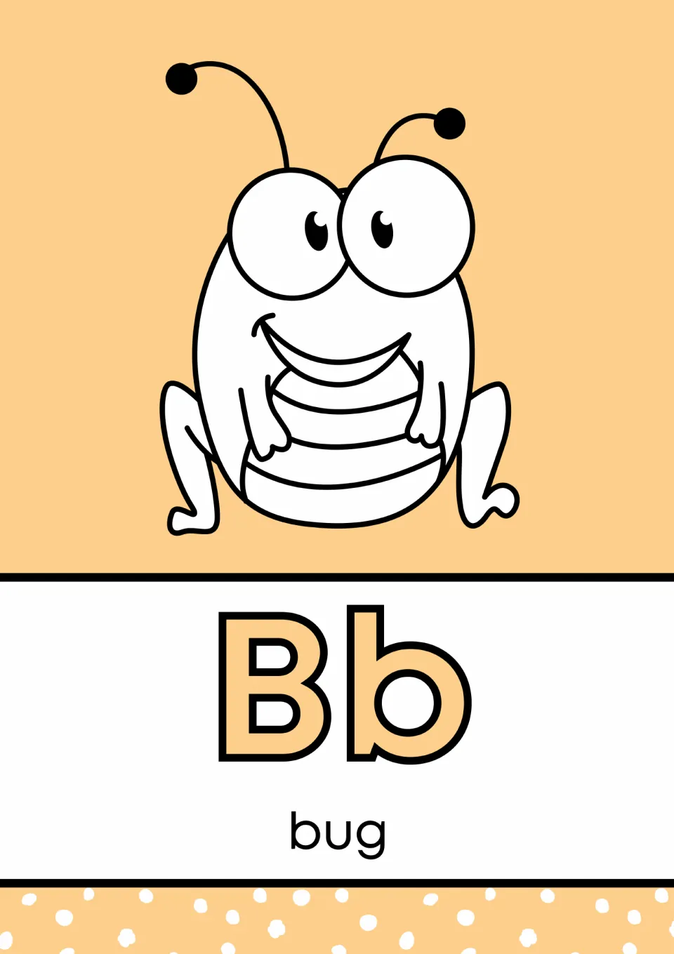 Letter B poster in the alphabet mini book, pairing uppercase B and lowercase b with a bug labeled 'bug'