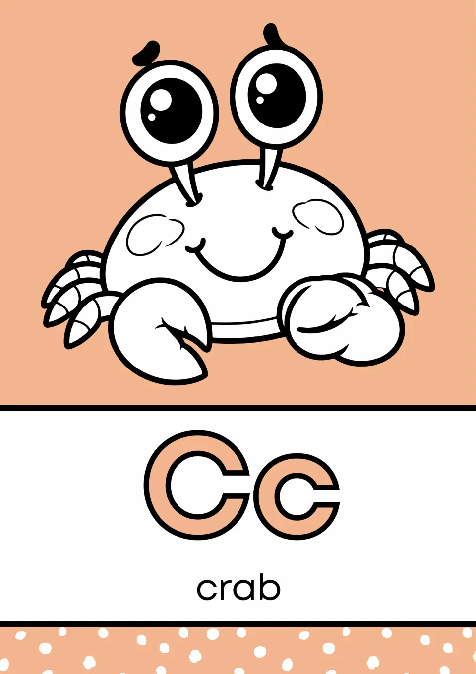 Letter C poster in the alphabet mini book, pairing uppercase C and lowercase c with a crab labeled 'crab'