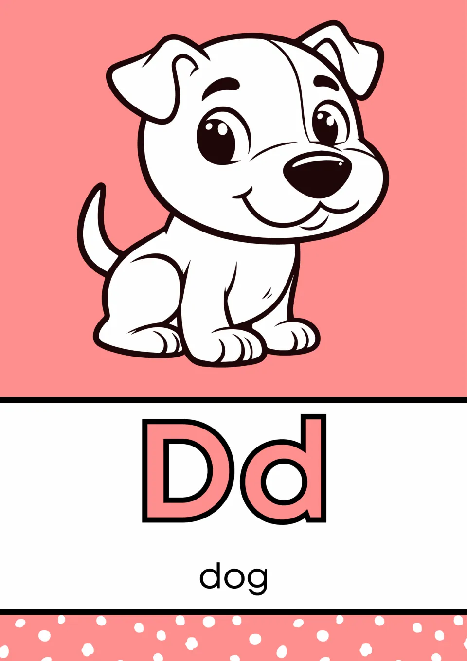 Letter D poster in the alphabet mini book, pairing uppercase D and lowercase d with a dog labeled 'dog'