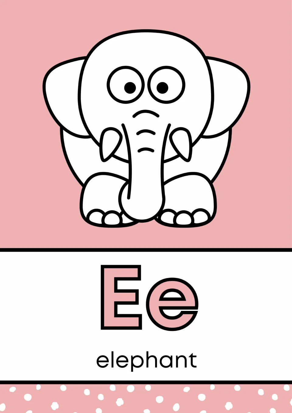 Letter E poster in the alphabet mini book, showing uppercase E, lowercase e, and an elephant labeled 'elephant'