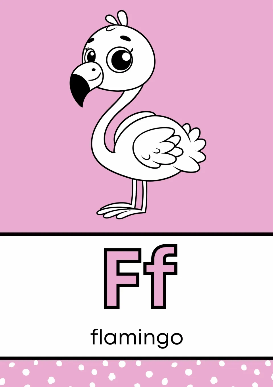 Letter F poster in the alphabet mini book, showing uppercase F, lowercase f, and a flamingo labeled 'flamingo'