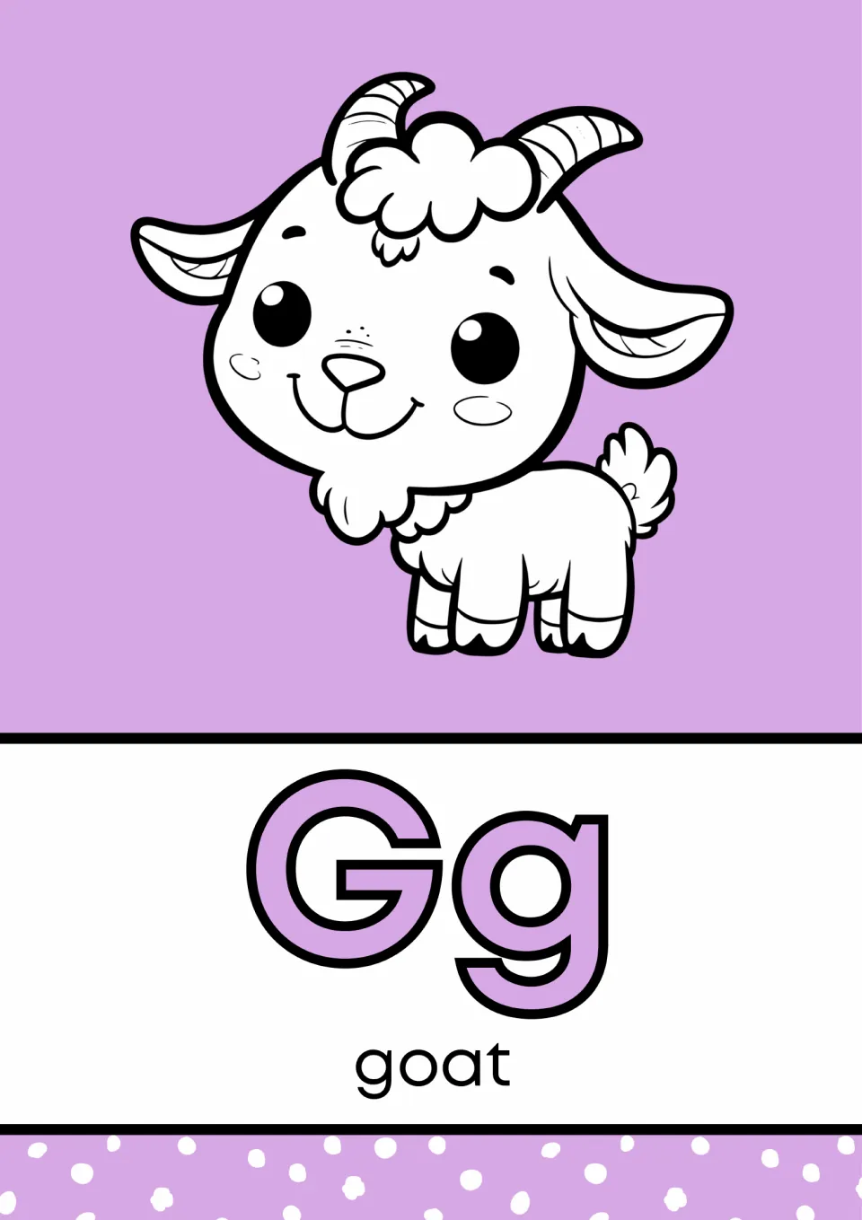 Letter G poster in the alphabet mini book, pairing uppercase G and lowercase g with a goat labeled 'goat'