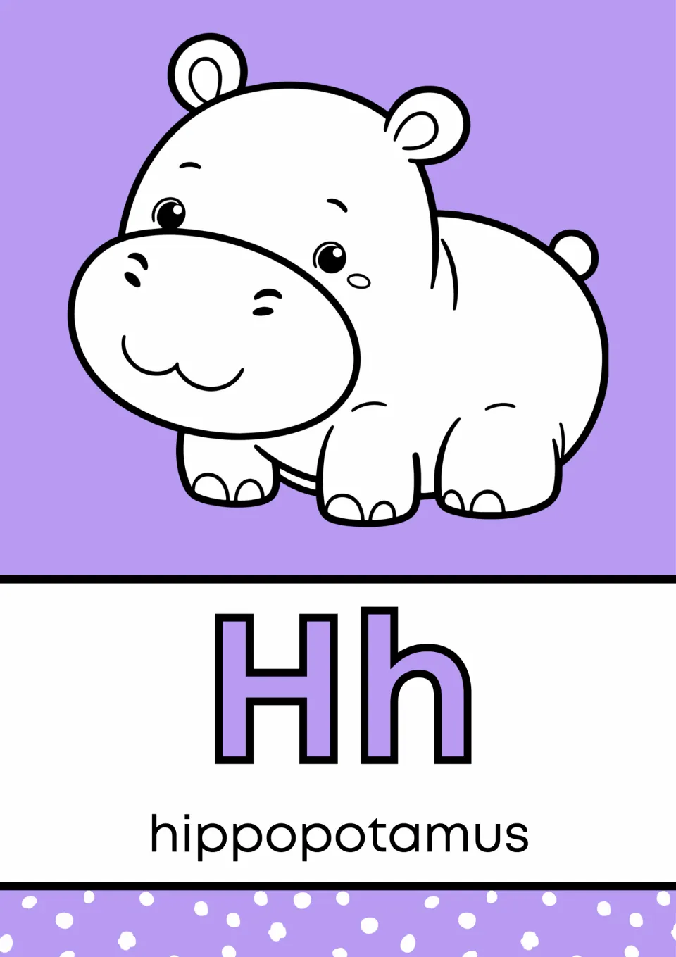Letter H alphabet mini book poster showing uppercase H, lowercase h, and a hippopotamus labeled 'hippopotamus'