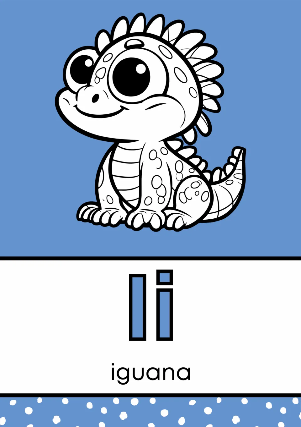 Letter I poster in the alphabet mini book, pairing uppercase I and lowercase i with an iguana labeled 'iguana'