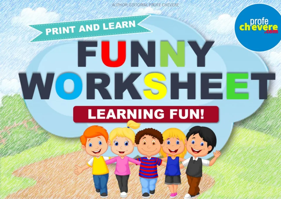 Funny Worksheet cover by Profe Chevere with Print and Learn and Learning Fun! banners above five smiling cartoon kids