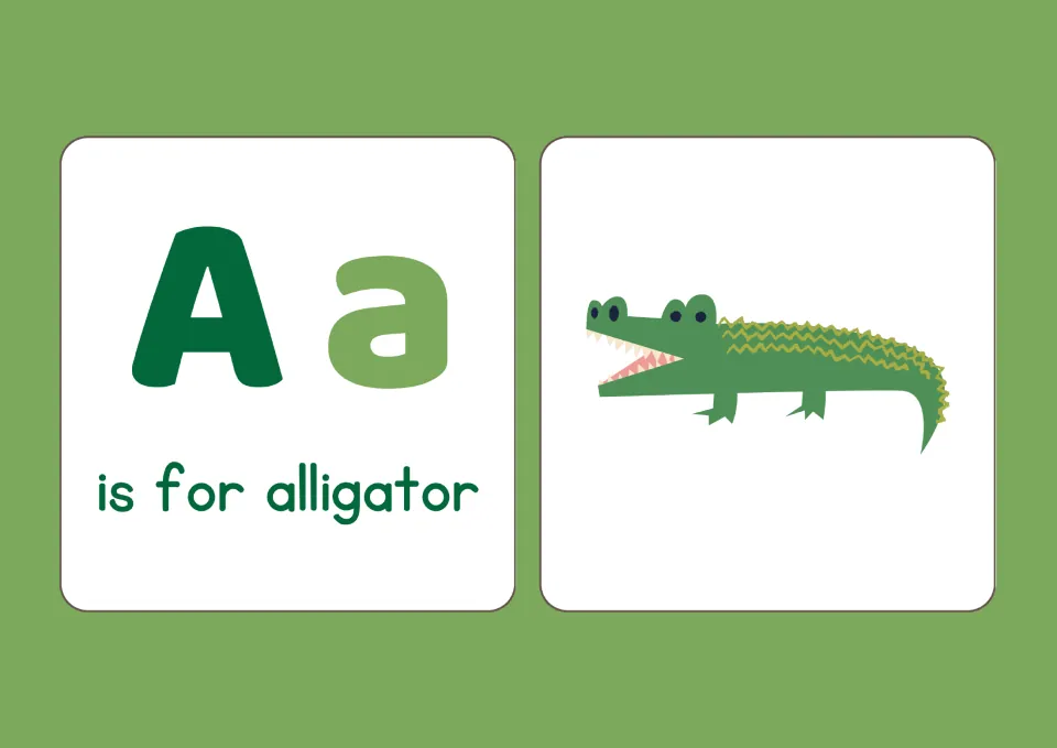 Letter A: uppercase A and lowercase a with the words is for alligator next to a green alligator for letter-sound matching
