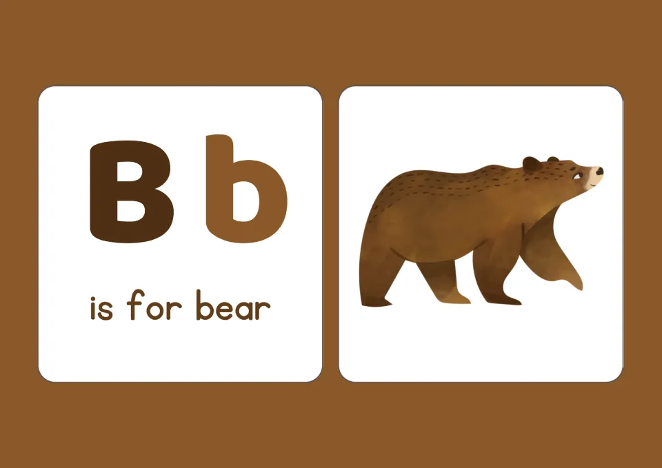 Letter B: capital B and small b labeled is for bear beside a walking brown bear, linking the letter to its initial sound