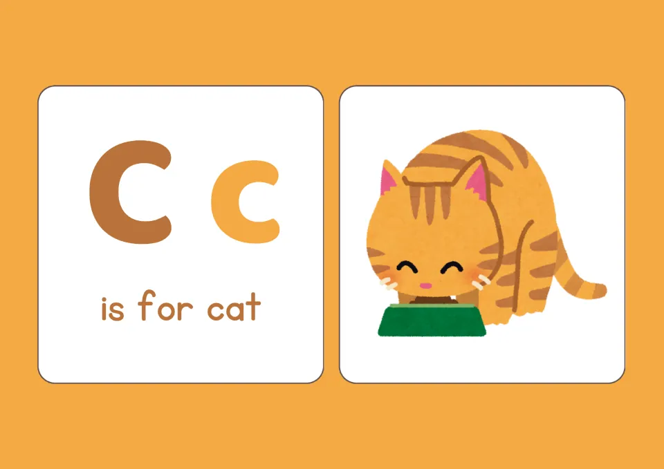 Letter C: uppercase C and lowercase c with is for cat shown beside an orange striped cat eating from a green food bowl