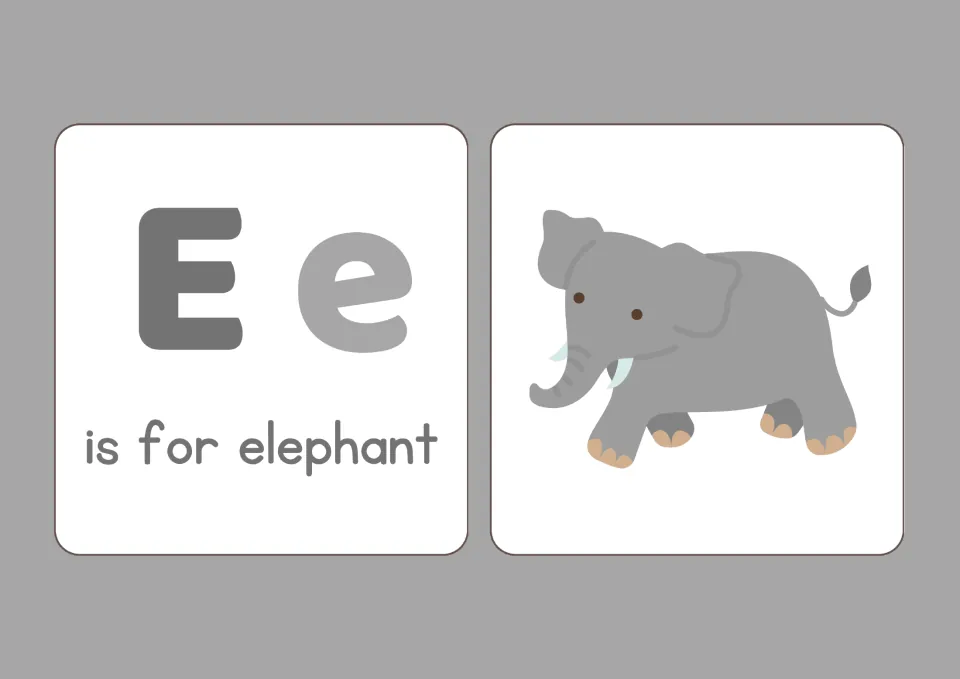 Letter E: capital E and lowercase e with is for elephant shown beside a gray elephant with small tusks for sound practice