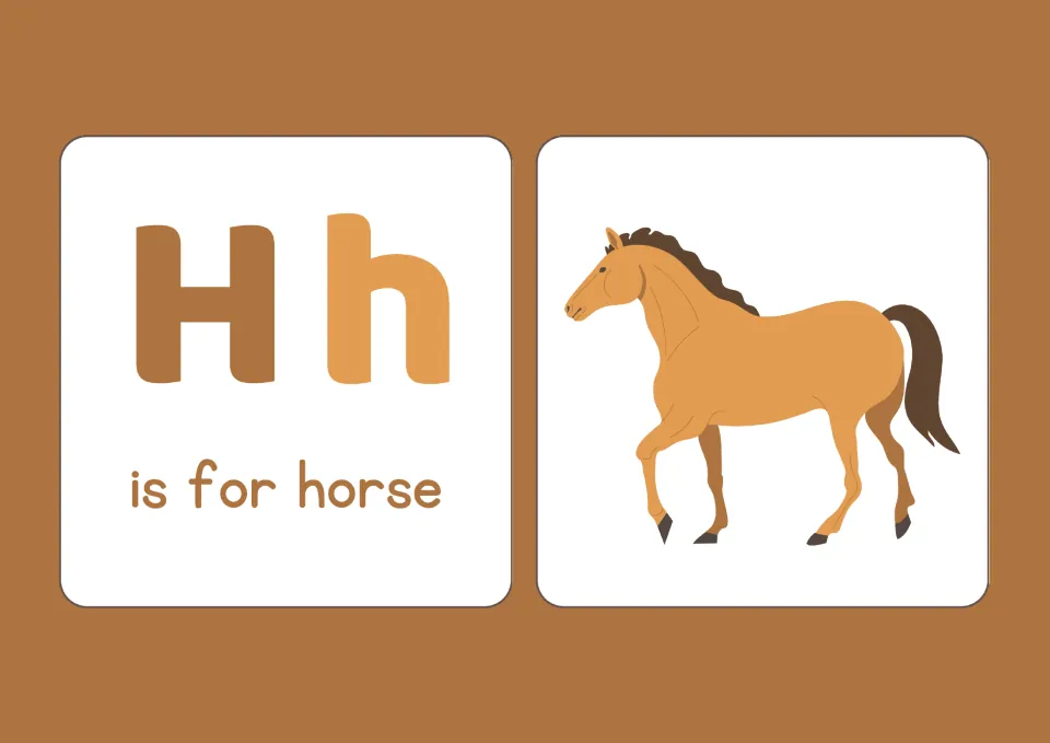 Letter H: uppercase H and lowercase h with is for horse shown beside a tan horse with a dark mane, for beginning sounds