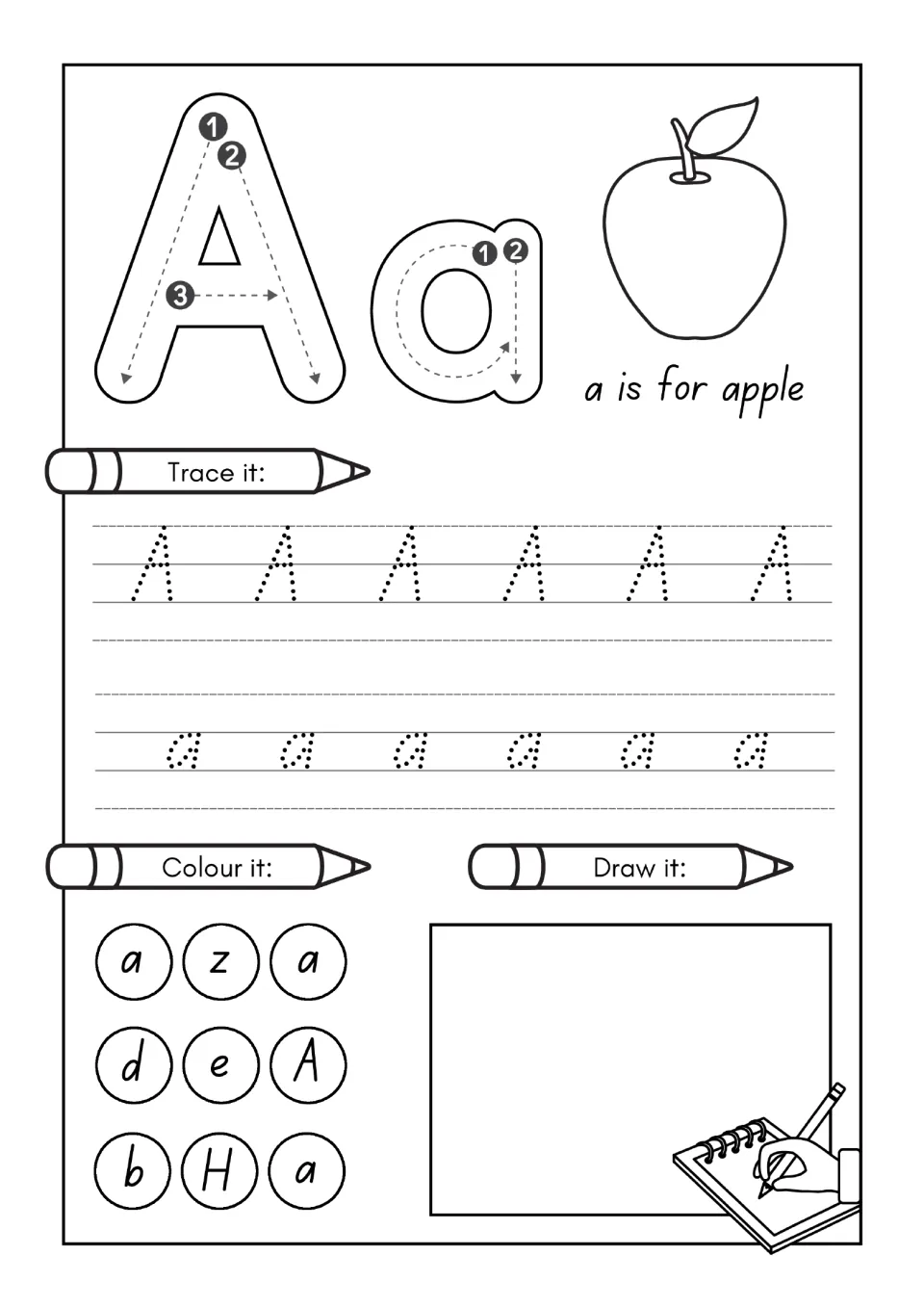 Letter A practice page: trace uppercase A and lowercase a, find letters to color, and draw; a is for apple.