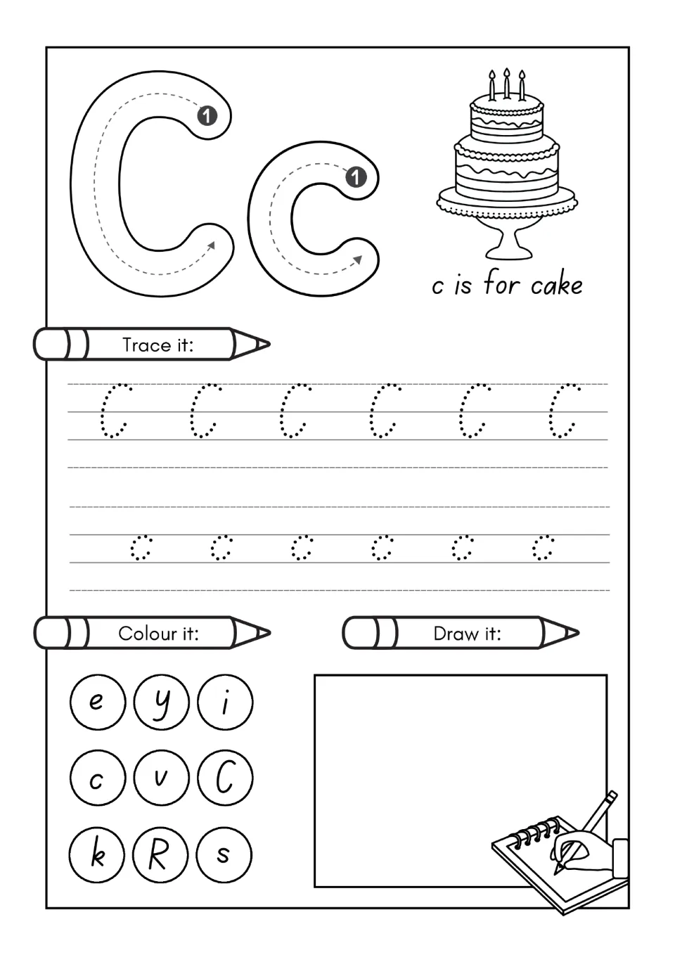 Letter C practice page: trace uppercase C and lowercase c, find letters to color, and draw; c is for cake.