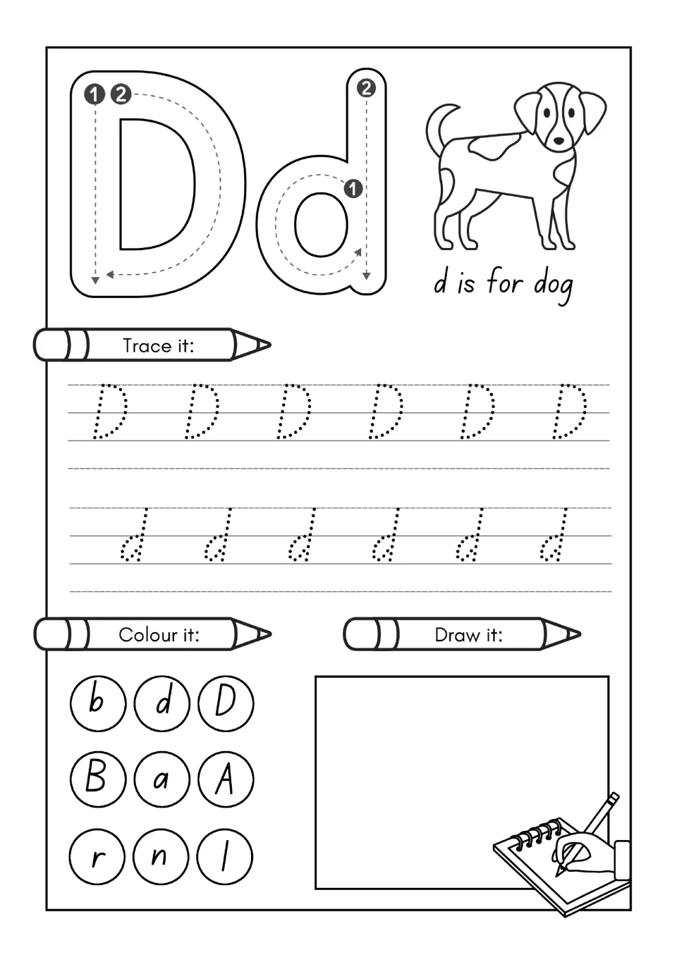 Letter D practice page: trace uppercase D and lowercase d, find letters to color, and draw; d is for dog.