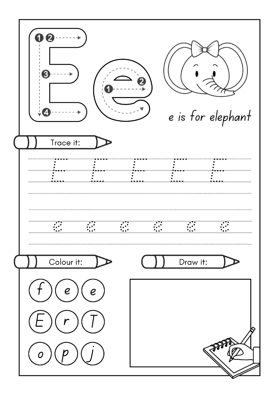 Letter E practice page: trace uppercase E and lowercase e, find letters to color, and draw; e is for elephant.