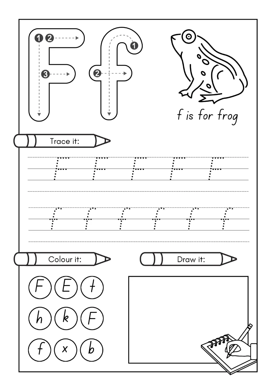 Letter F practice page: trace uppercase F and lowercase f, find letters to color, and draw; f is for frog.
