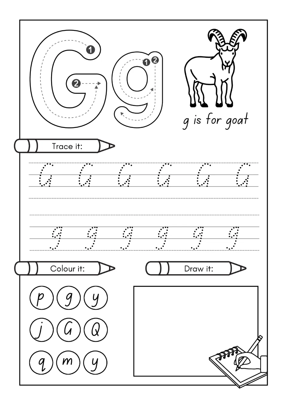 Letter G practice page: trace uppercase G and lowercase g, find letters to color, and draw; g is for goat.
